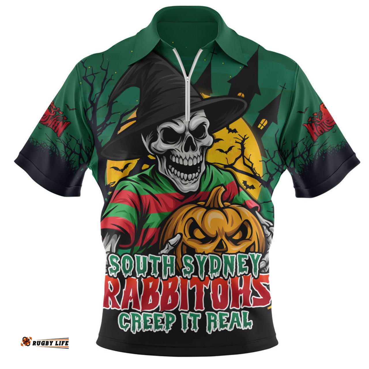 South Sydney Rabbitohs Dark Moon Rugby Halloween Battle Edition Zip Polo Shirt