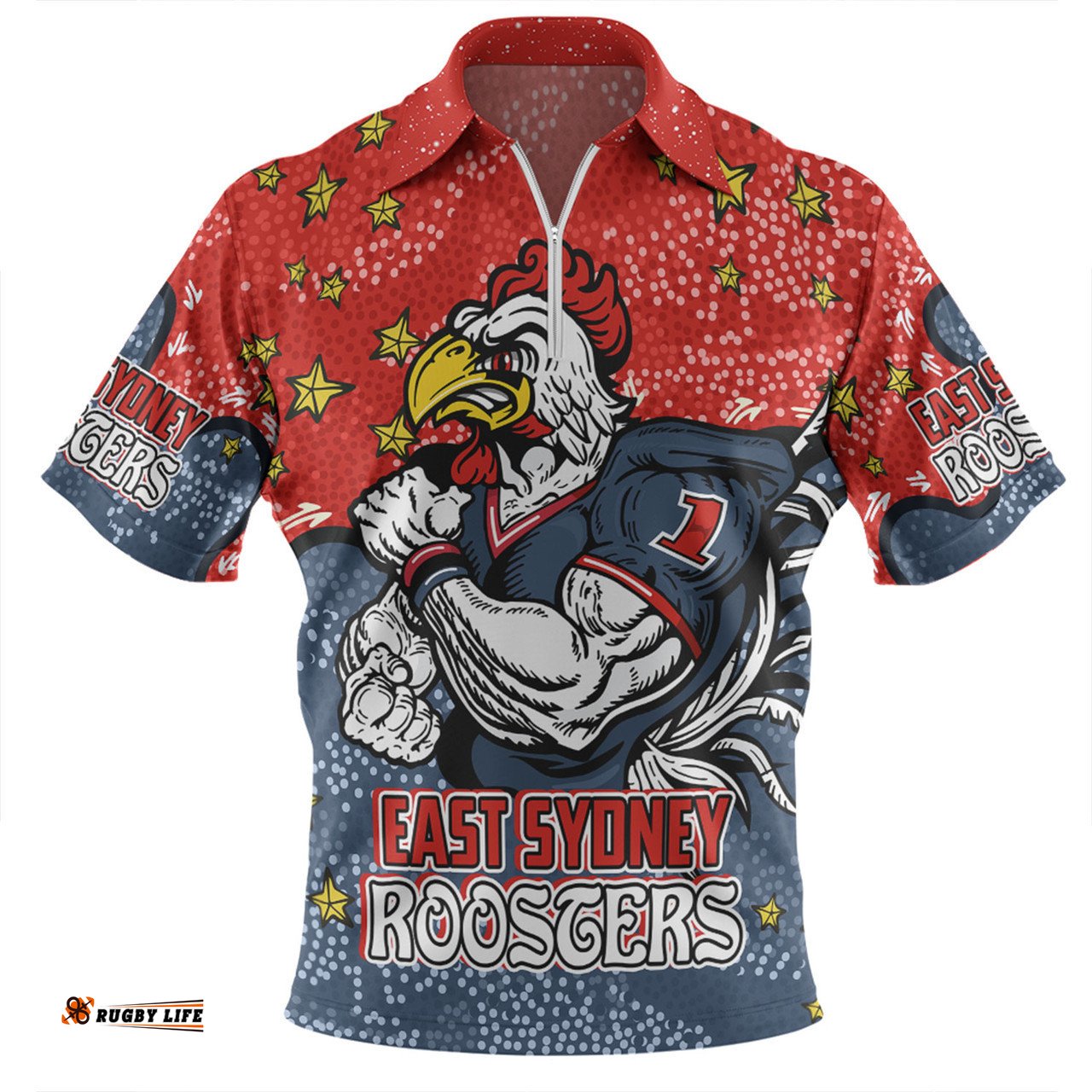 Sydney Roosters Custom Team With Dot And Star Patterns For Tough Fan Zip Polo Shirt