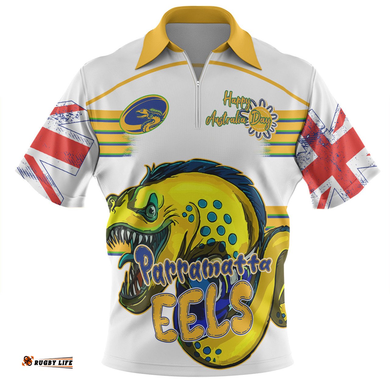 Parramatta Eels Happy Australia Day We Are One And Free V2 Zip Polo Shirt