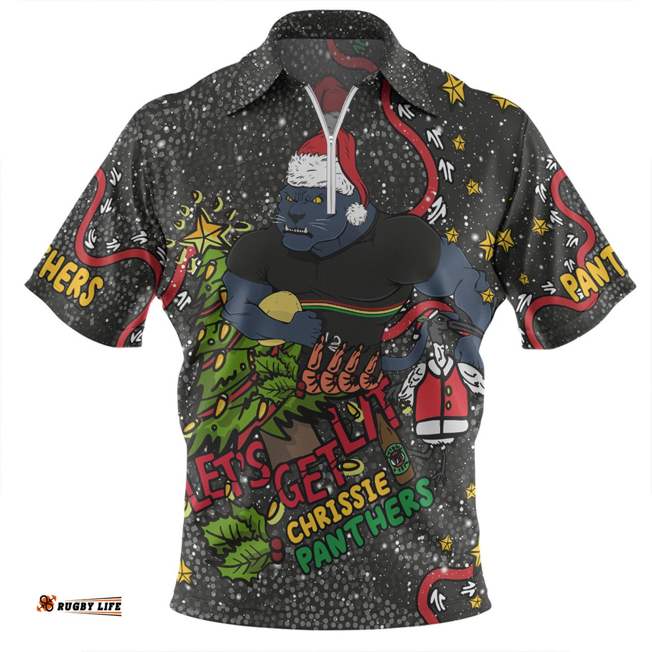 Penrith Panthers Christmas Custom Let's Get Lit Chrisse Pressie Zip Polo Shirt