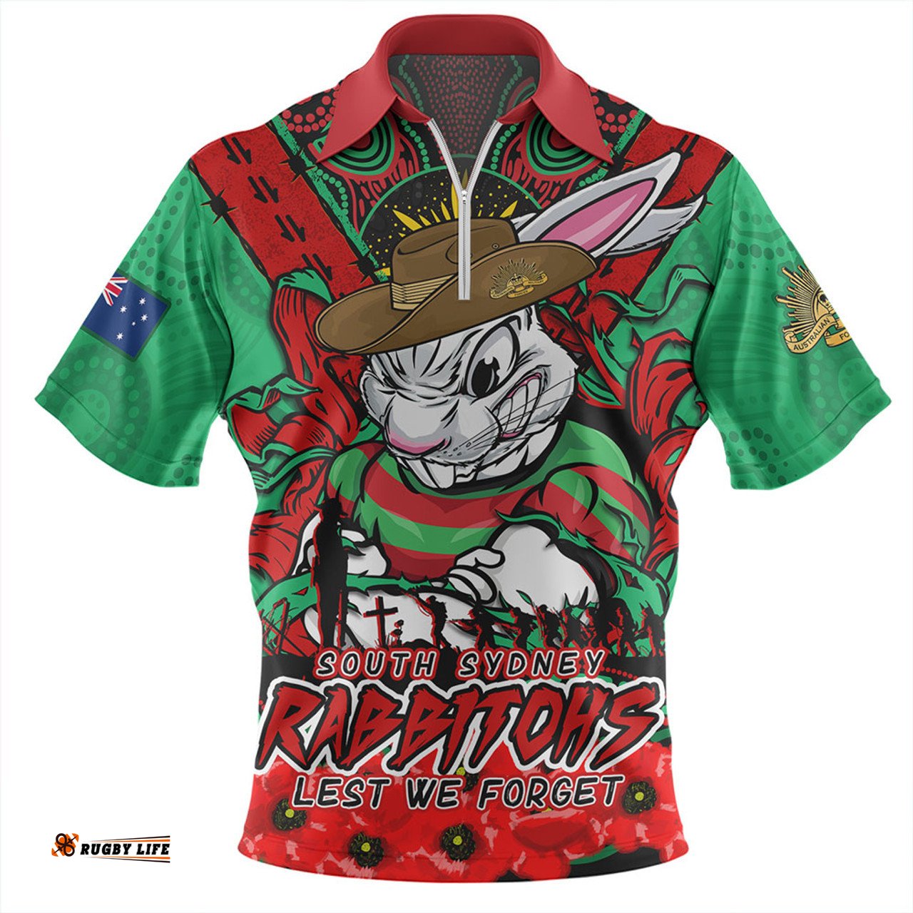 South Sydney Rabbitohs Ripped Legacy Of The Game The ANZAC Spirit Lives On Zip Polo Shirt