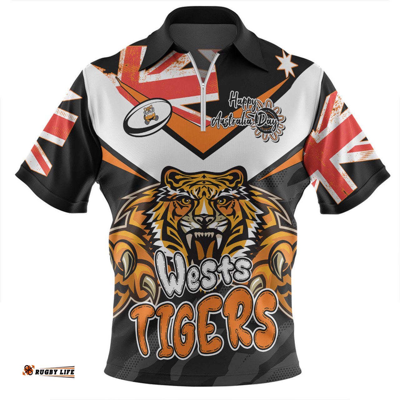 Wests Tigers Happy Australia Day We Are One And Free Zip Polo Shirt