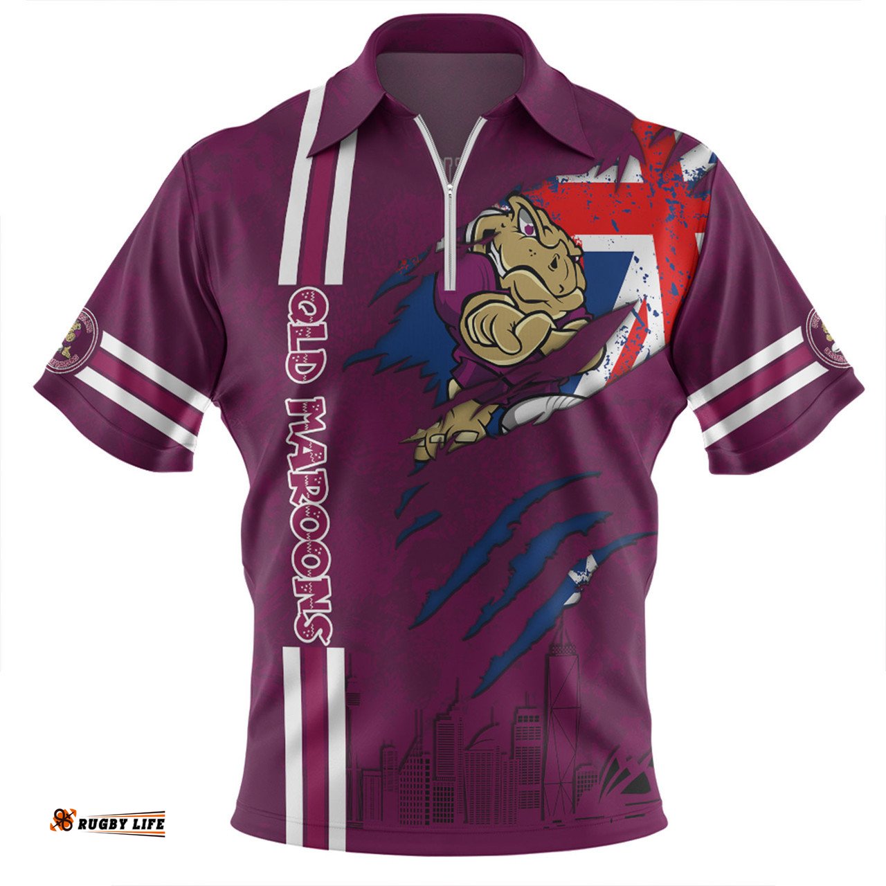 Queensland Maroons Happy Australia Day Flag Scratch Style Zip Polo Shirt