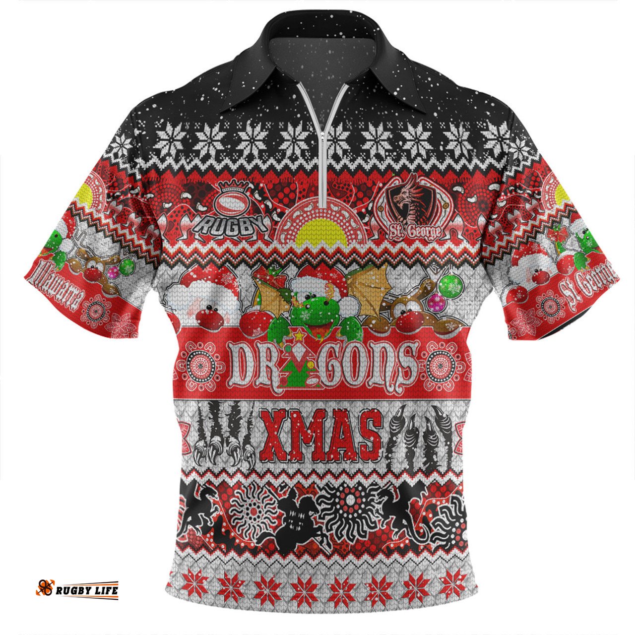 St. George Illawarra Dragons Christmas Aboriginal Custom Indigenous Knitted Ugly Xmas Style Zip Polo Shirt