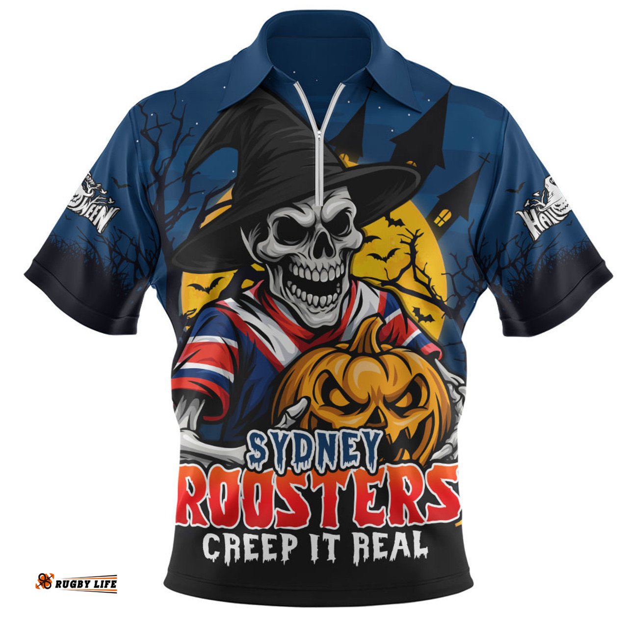 Sydney Roosters Dark Moon Rugby Halloween Battle Edition Zip Polo Shirt
