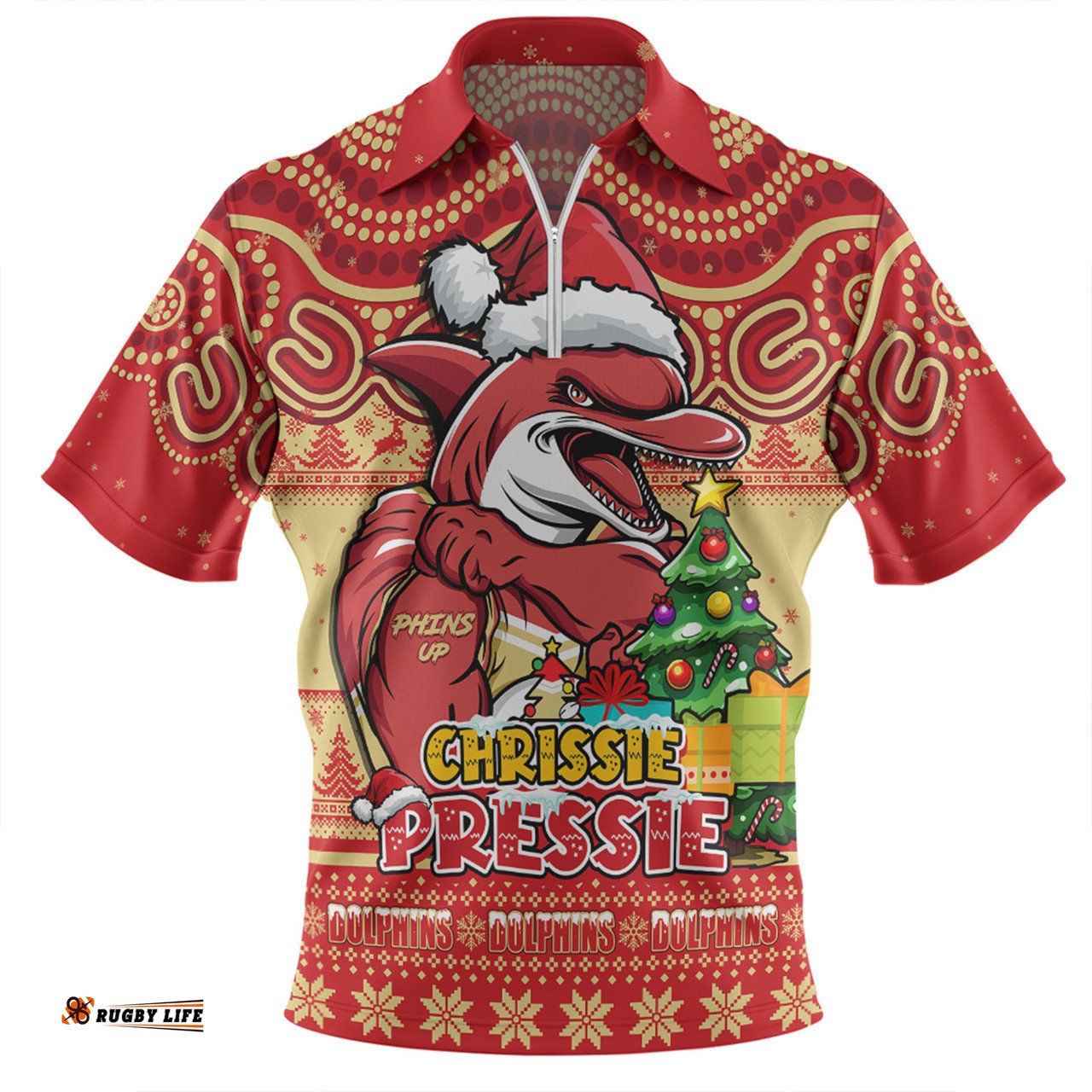 Redcliffe Dolphins Aussie Ugly Christmas For Die Hard Fan Supporters Zip Polo Shirt