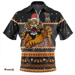 Wests Tigers Christmas Custom Ugly Xmas And Aboriginal Patterns For Die Hard Fan Zip Polo Shirt