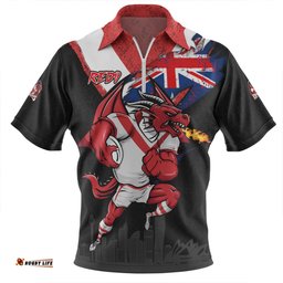 St. George Illawarra Dragons Custom For Die Hard Fan Australia Flag Scratch Style Zip Polo Shirt