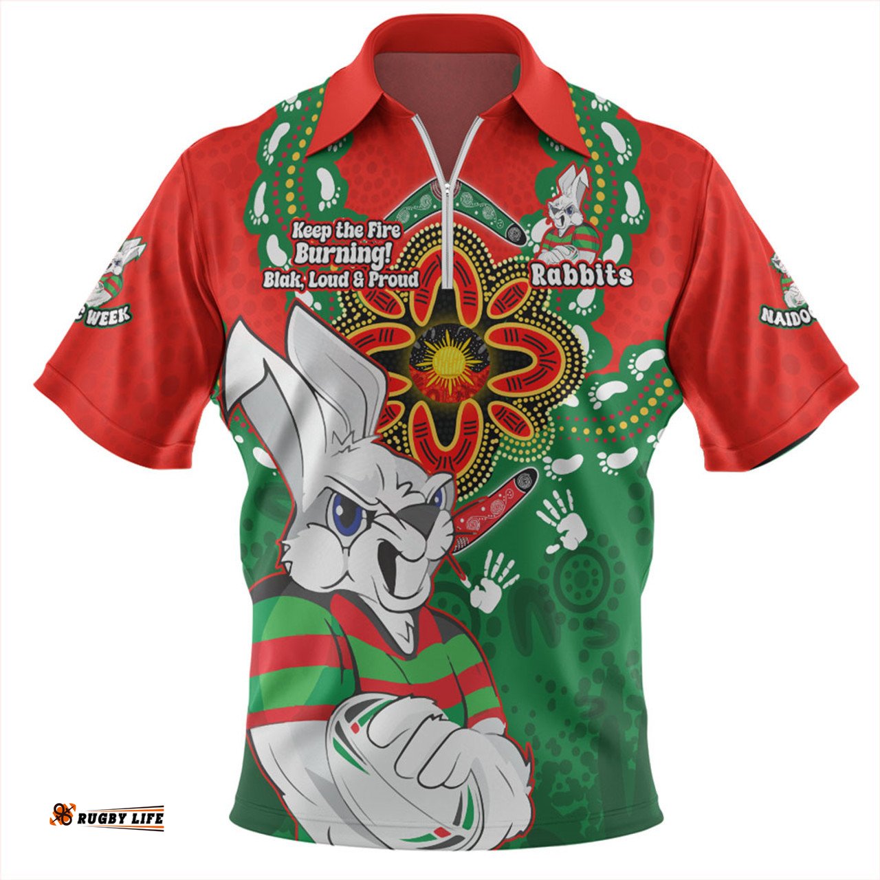 South Sydney Rabbitohs Aboriginal Inspired Naidoc Symbol Pattern Zip Polo Shirt