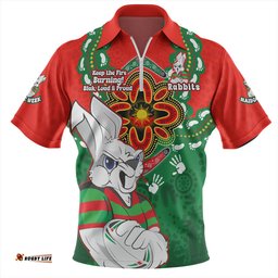 South Sydney Rabbitohs Aboriginal Inspired Naidoc Symbol Pattern Zip Polo Shirt