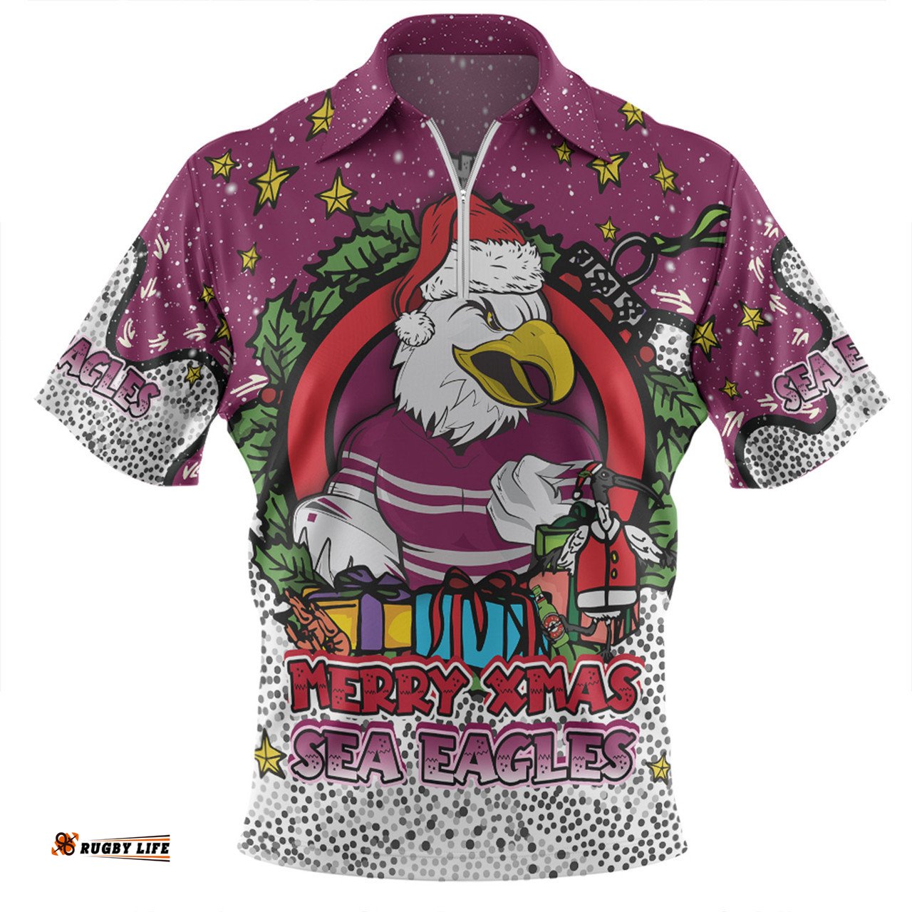 Manly Warringah Sea Eagles Christmas Custom Merry Christmas Our Beloved Team With Aboriginal Dot Art Pattern Zip Polo Shirt