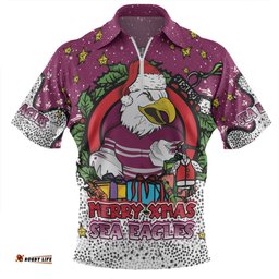 Manly Warringah Sea Eagles Christmas Custom Merry Christmas Our Beloved Team With Aboriginal Dot Art Pattern Zip Polo Shirt