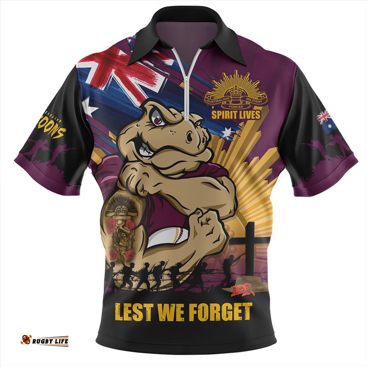 Queensland Maroons Fearless ANZAC Defender Zip Polo Shirt