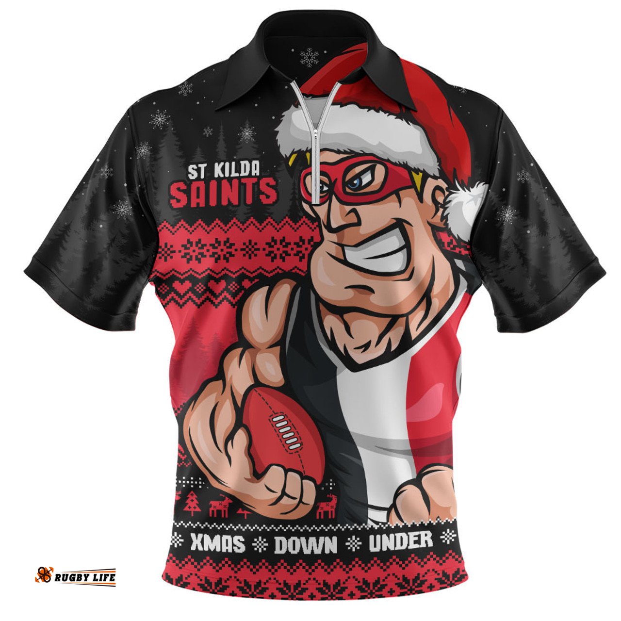 St Kilda Merry Christmas Down Under Footy Power Style Zip Polo Shirt
