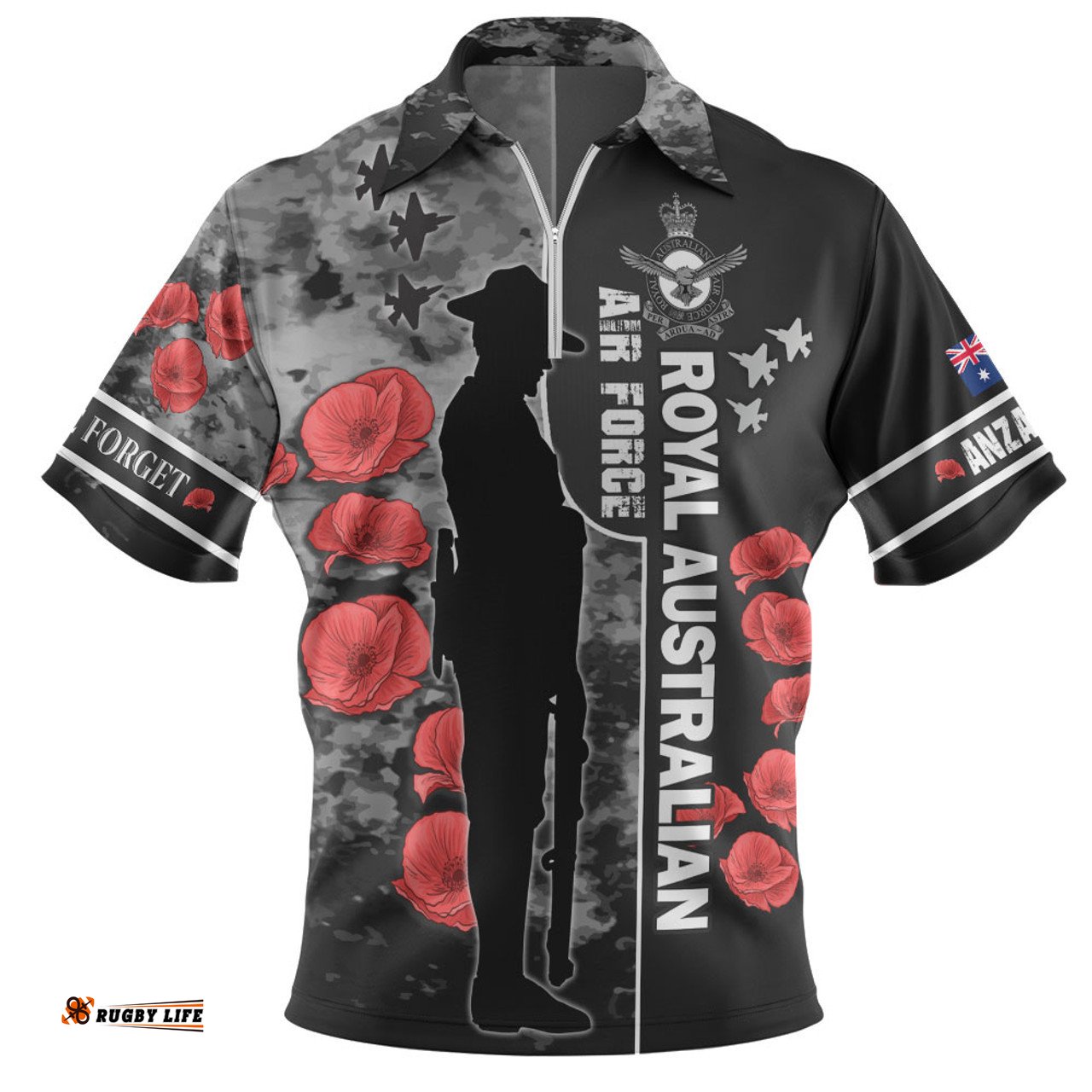 Australia Custom Royal Australian Air Force Anzac Day Camouflage Style Zip Polo Shirt