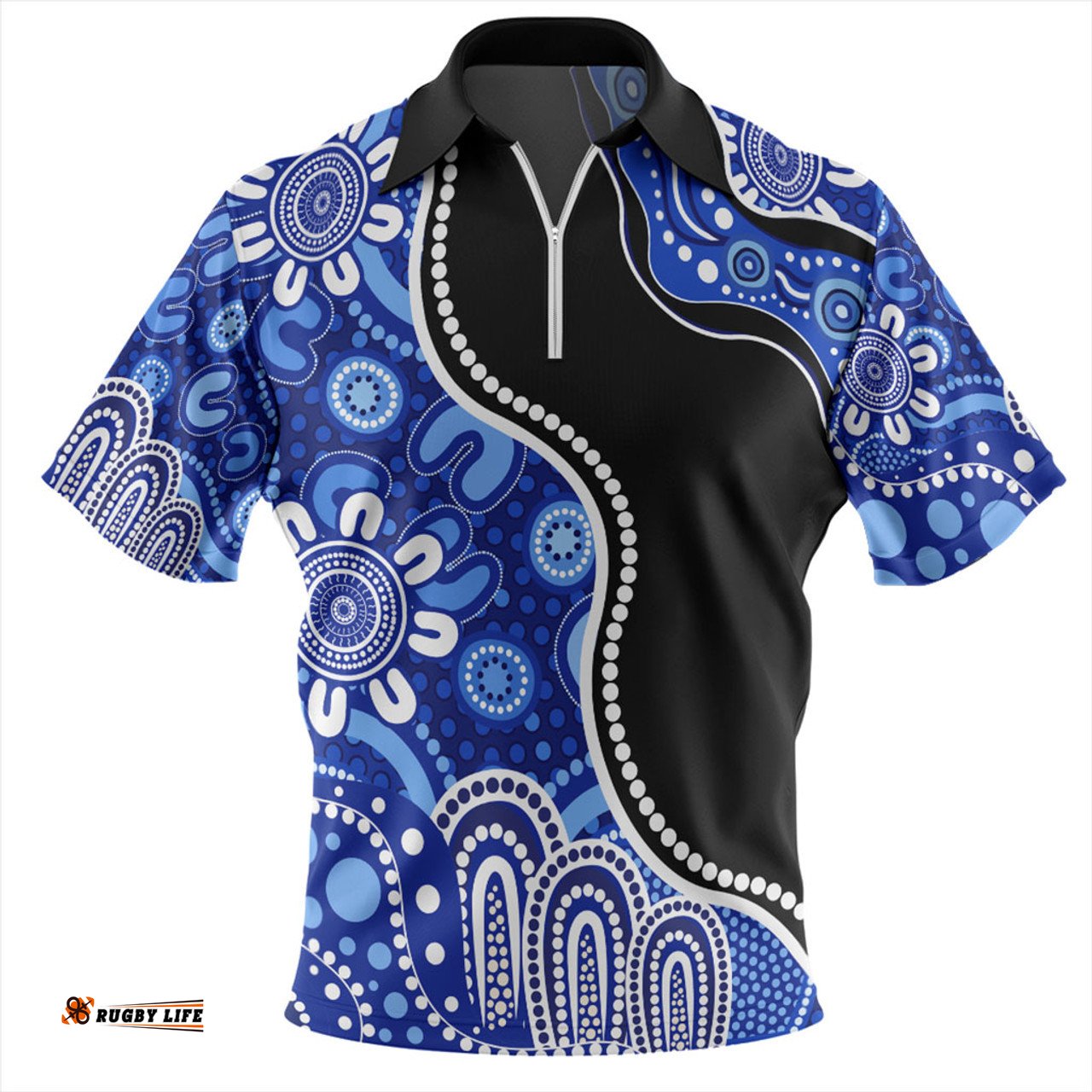 Australia Aboriginal Dot Painting Blue Zip Polo Shirt