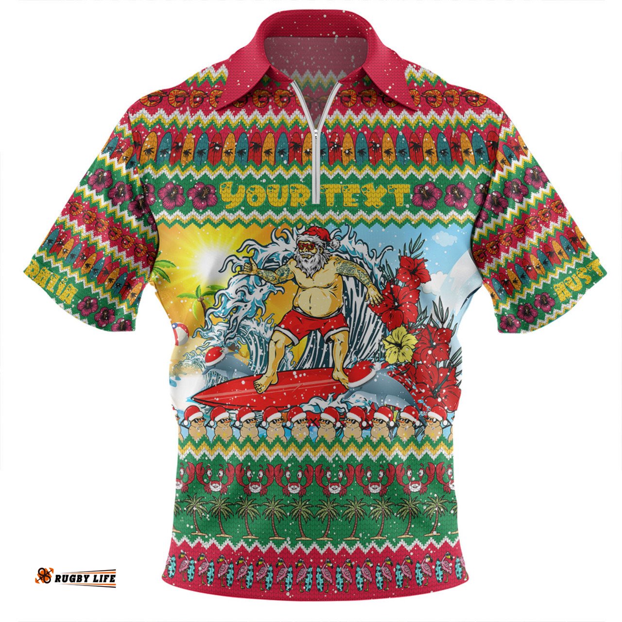 Australia Christmas Custom Surfing Santa Zip Polo Shirt