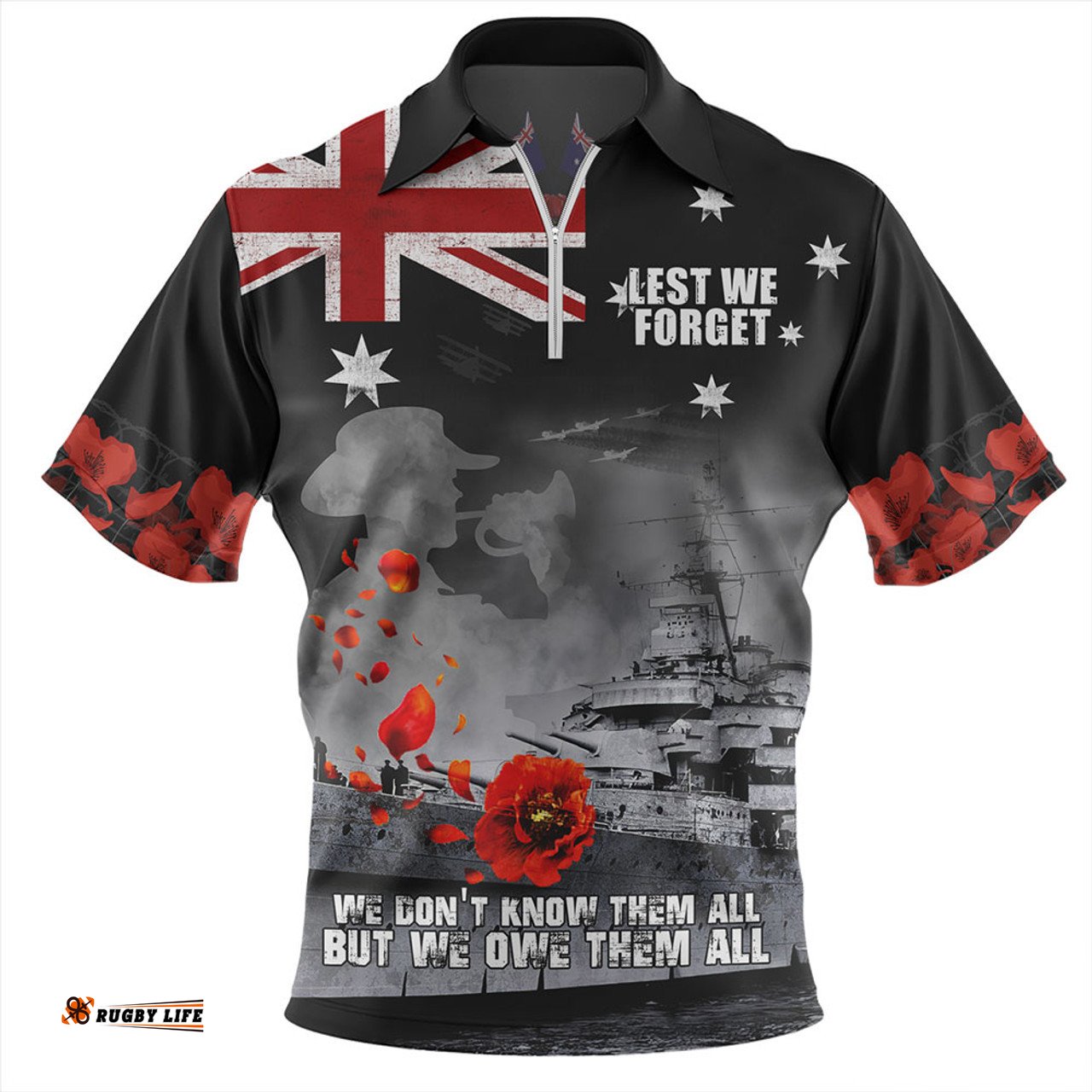 Australia Anzac Day Guardian Of The Seas Lest We Forget Zip Polo Shirt