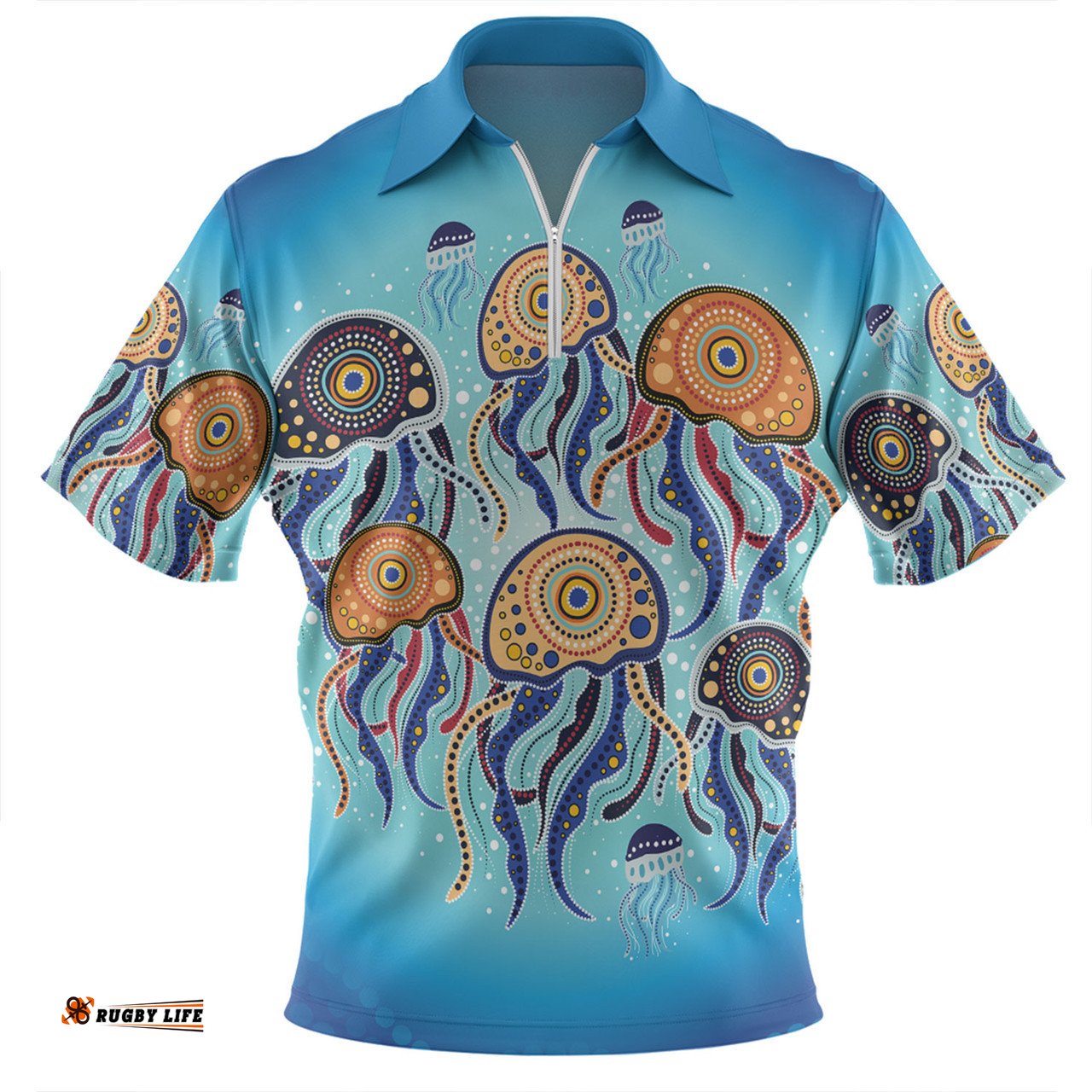 Australia Dot Painting Inspired Aboriginal Jellyfish Art In Aboriginal Dot Style Zip Polo Shirt