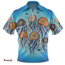 Australia Dot Painting Inspired Aboriginal Jellyfish Art In Aboriginal Dot Style Zip Polo Shirt