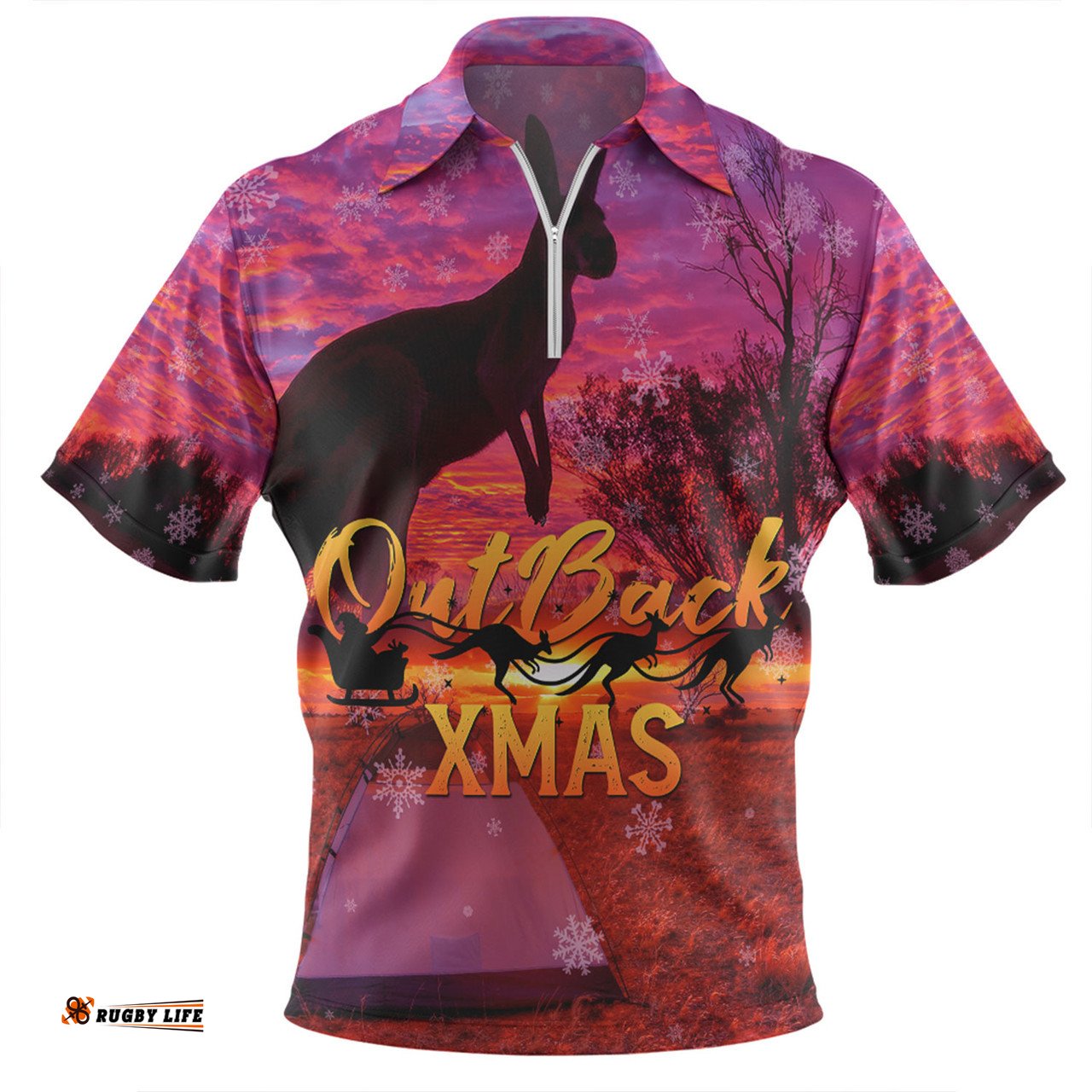 Australia Christmas Kangaroo Camping Aussie Outback Merry Christmas Zip Polo Shirt