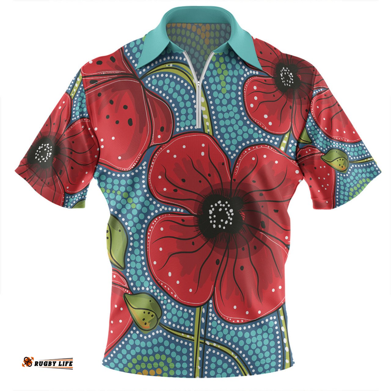 Australia Flowers Aboriginal Aboriginal Dot Art Of Australian Poppy Flower Painting Zip Polo Shirt