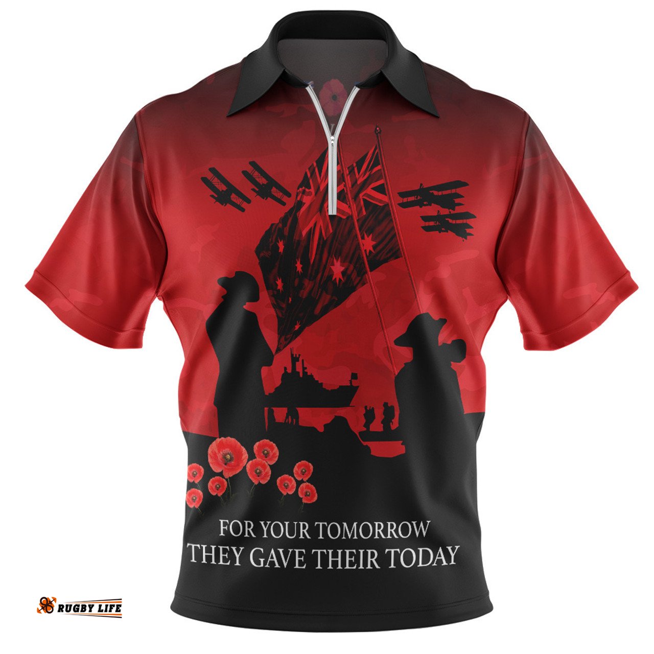 Australia Anzac Anzac Day Poppy Flowers Red Zip Polo Shirt