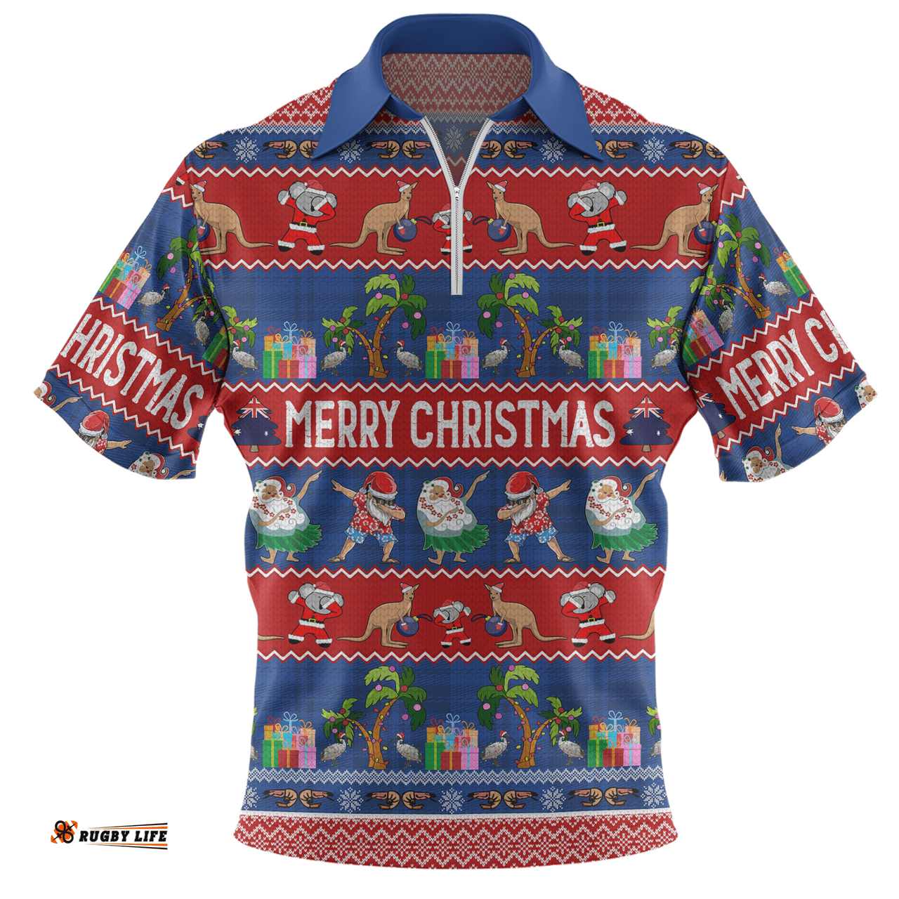 Australia Christmas Custom Tropical Ugly Xmas Santa Dapping And Dancing Zip Polo Shirt