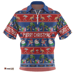 Australia Christmas Custom Tropical Ugly Xmas Santa Dapping And Dancing Zip Polo Shirt