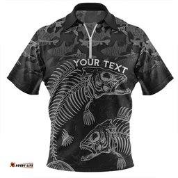 Australia Fishing Custom Fish Reaper Fish Skeleton Grey Zip Polo Shirt