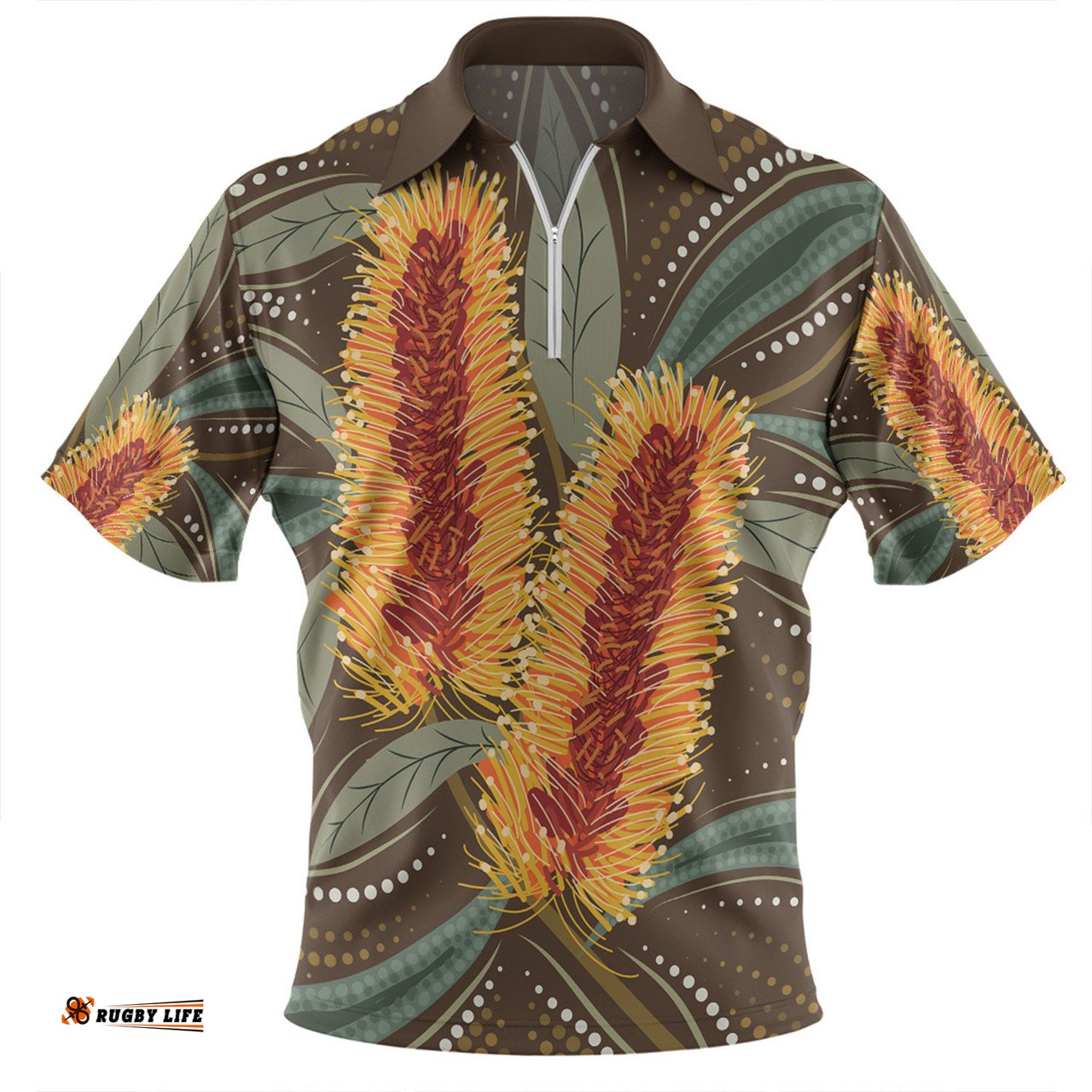 Australia Flowers Aboriginal Aboriginal Dot Art With Yellow Banksia Flower Zip Polo Shirt