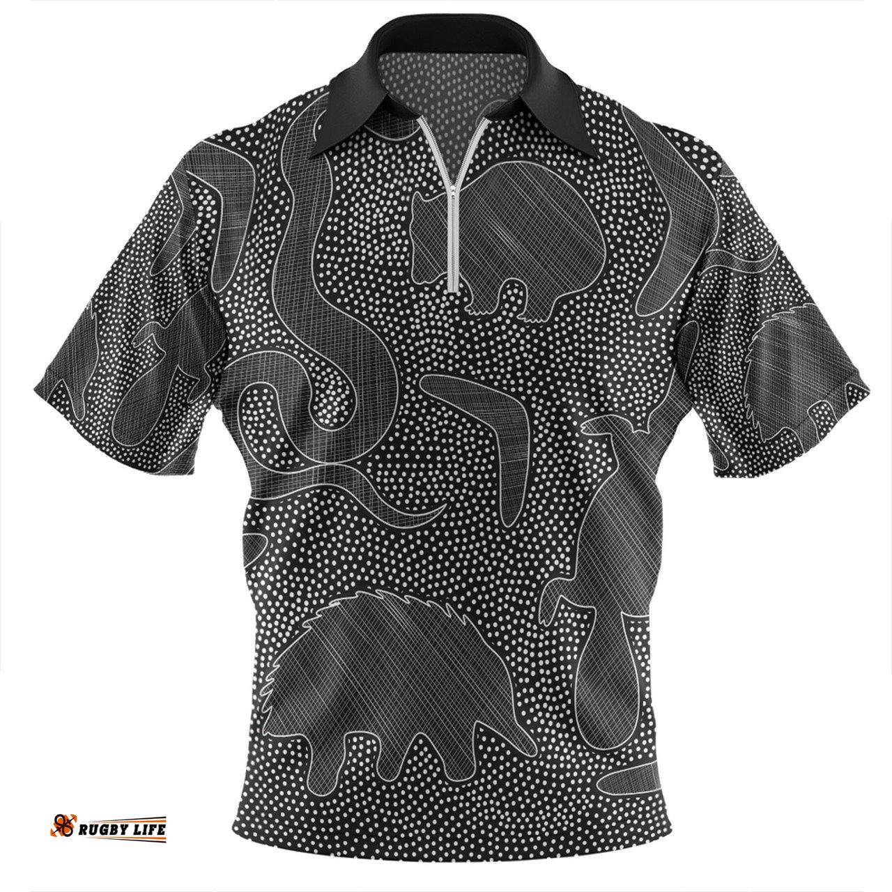 Australia Dot Painting Inspired Aboriginal Aboriginal Dot Grey Art With Animals Zip Polo Shirt
