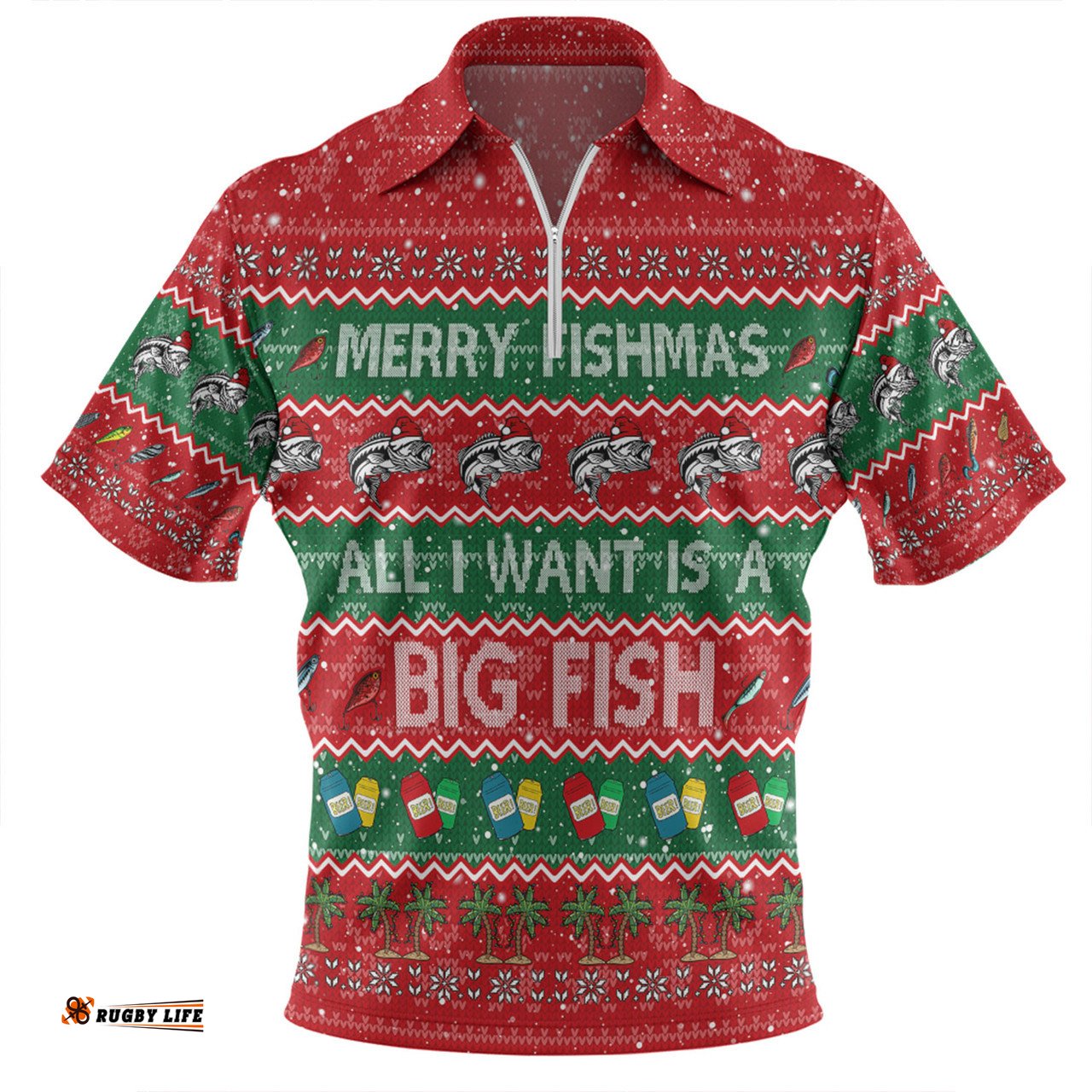 Australia Christmas Custom Merry Fishmas All I Want is a Big Fish Zip Polo Shirt
