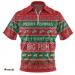 Australia Christmas Custom Merry Fishmas All I Want is a Big Fish Zip Polo Shirt