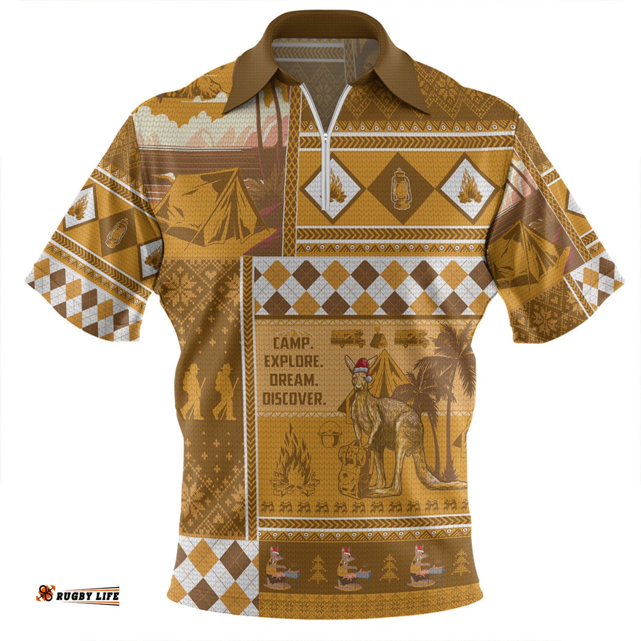 Australia Camping Christmas Xmas Camping With Kangaroo Vintage Zip Polo Shirt