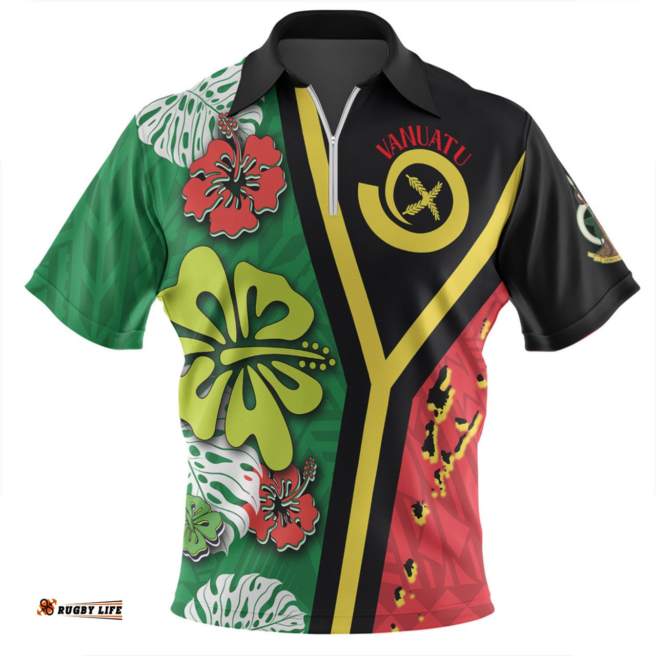 Australia South Sea Islanders Vanuatu Flag With Habiscus Flowers Zip Polo Shirt