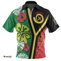 Australia South Sea Islanders Vanuatu Flag With Habiscus Flowers Zip Polo Shirt