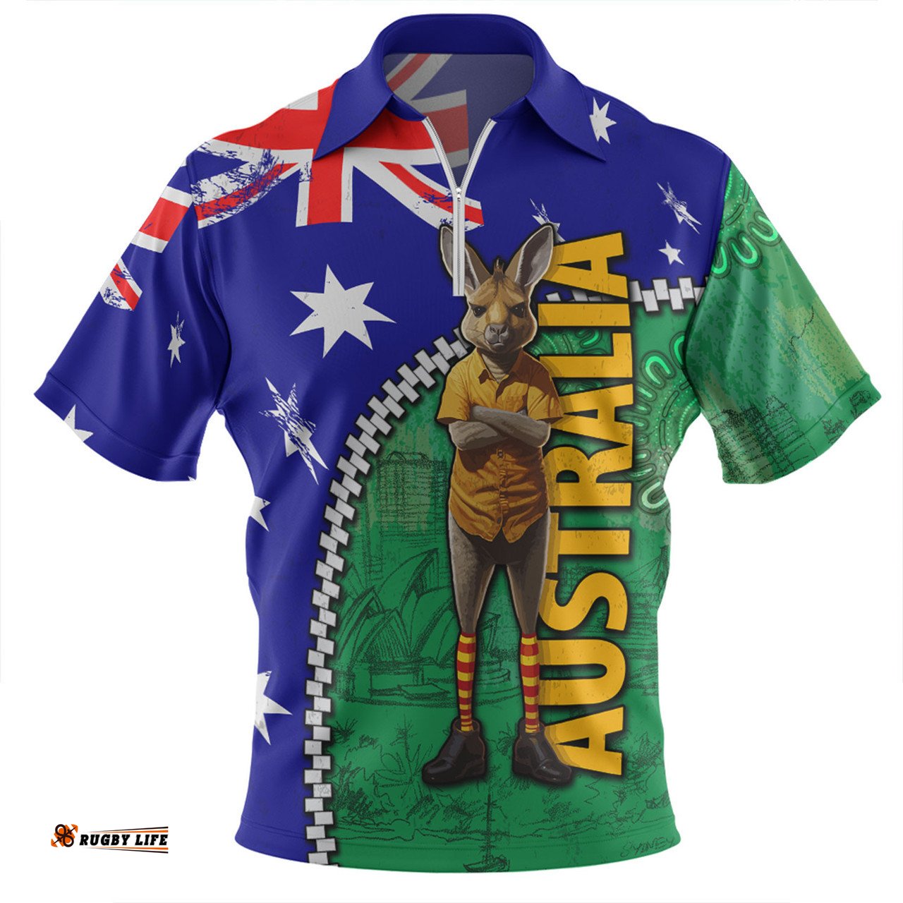 Australia Custom Kangaroo Happy Australia Day Zip Polo Shirt