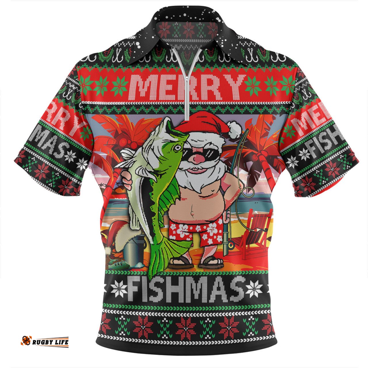 Australia Christmas Fishing Merrry Fishmas Angler Santa Claus Zip Polo Shirt