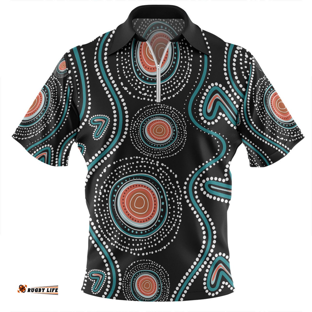 Australia Dot Painting Inspired Aboriginal Aboriginal Green Dot Patterns Art Painting Zip Polo Shirt