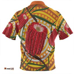 Australia Flowers Aboriginal Aboriginal Dot Painting With Red Banksia Flower Zip Polo Shirt