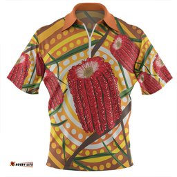Australia Flowers Aboriginal Aboriginal Dot Painting With Red Banksia Flower Zip Polo Shirt