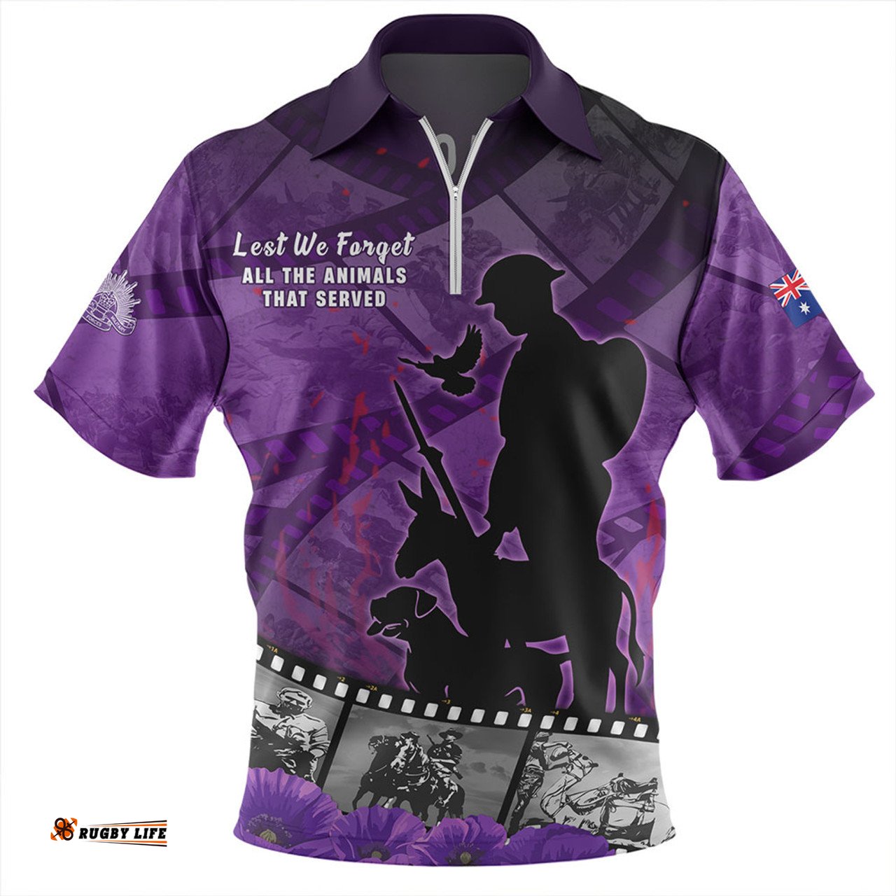 Australia Anzac Day Lest We Forget Historical Footage Of Animals Zip Polo Shirt
