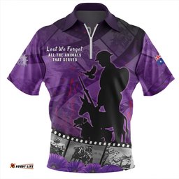 Australia Anzac Day Lest We Forget Historical Footage Of Animals Zip Polo Shirt