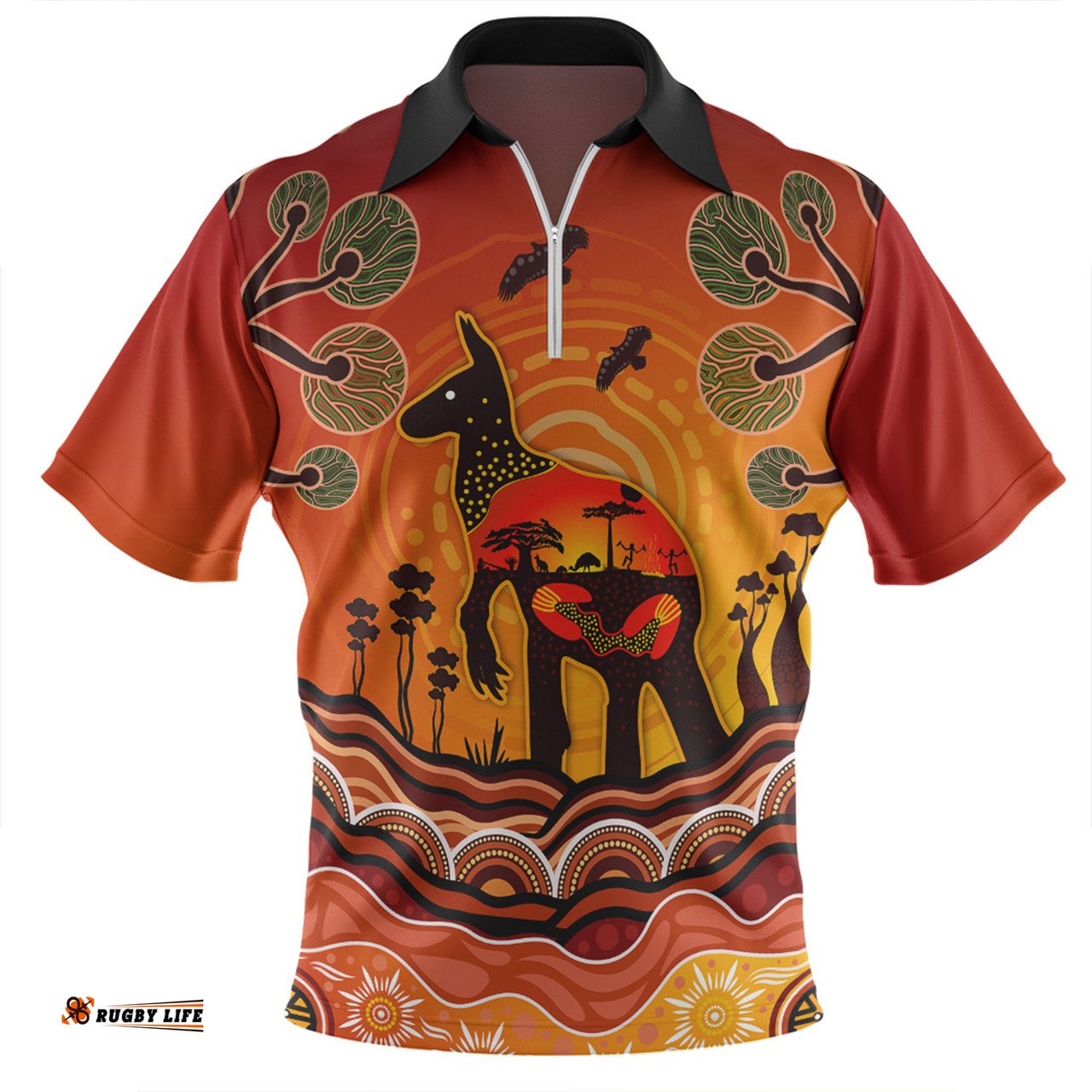 Australia Aboriginal Indigenous Kangaroo With Dot Painting Pattern Zip Polo Shirt