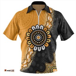 Australia Aboriginal Indigenous Dot Painting Half People Setting Symbols Zip Polo Shirt