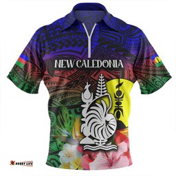 Australia South Sea Islanders I'm New Caledonian In Polynesian Style With Tropical Hibiscus Flowers Zip Polo Shirt