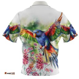 Australia Rainbow Lorikeets Rainbow Lorikeets Flying With Grevillea Flowers Art Zip Polo Shirt