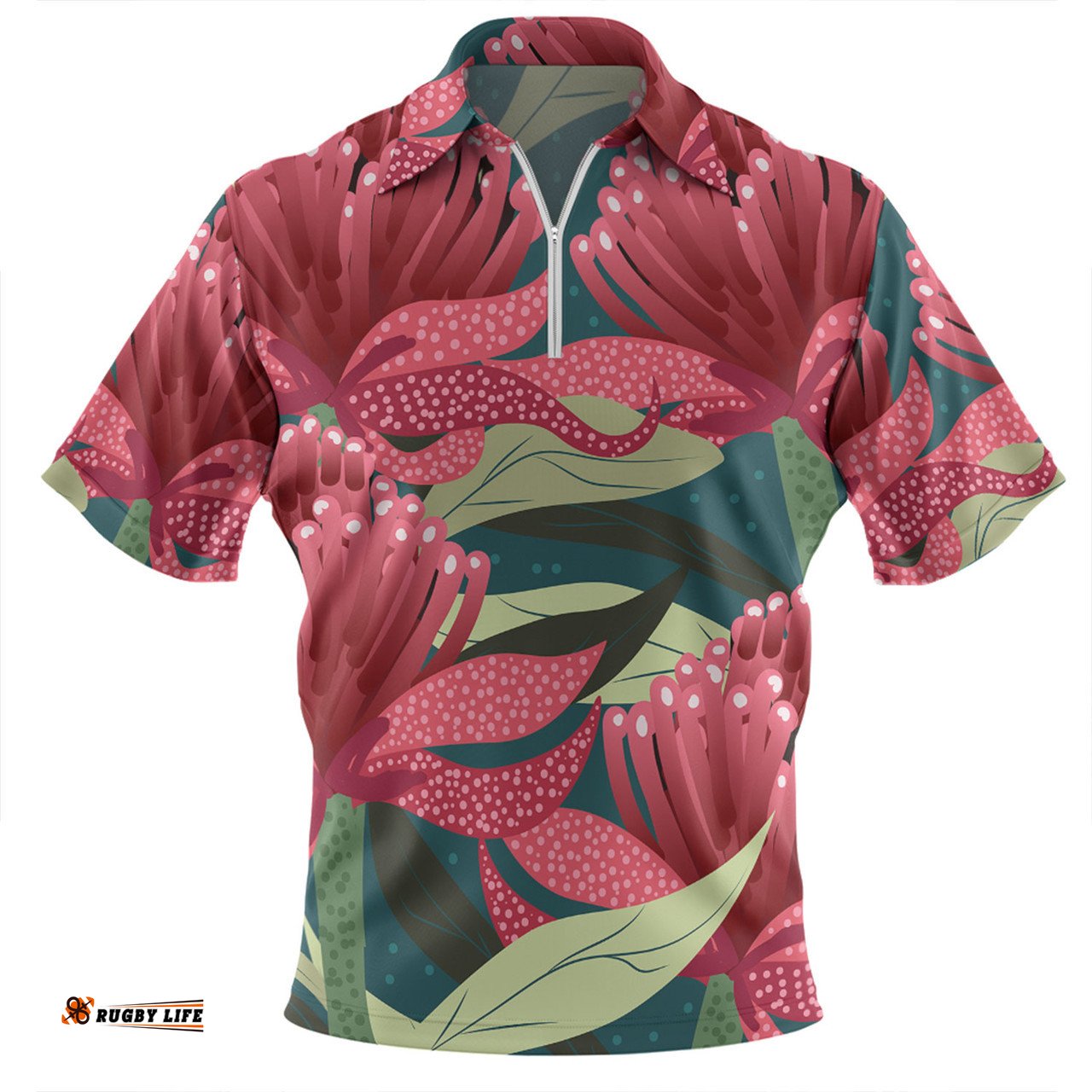 Australia Flowers Aboriginal Australian Waratah Flowers Painting In Aboriginal Style Zip Polo Shirt