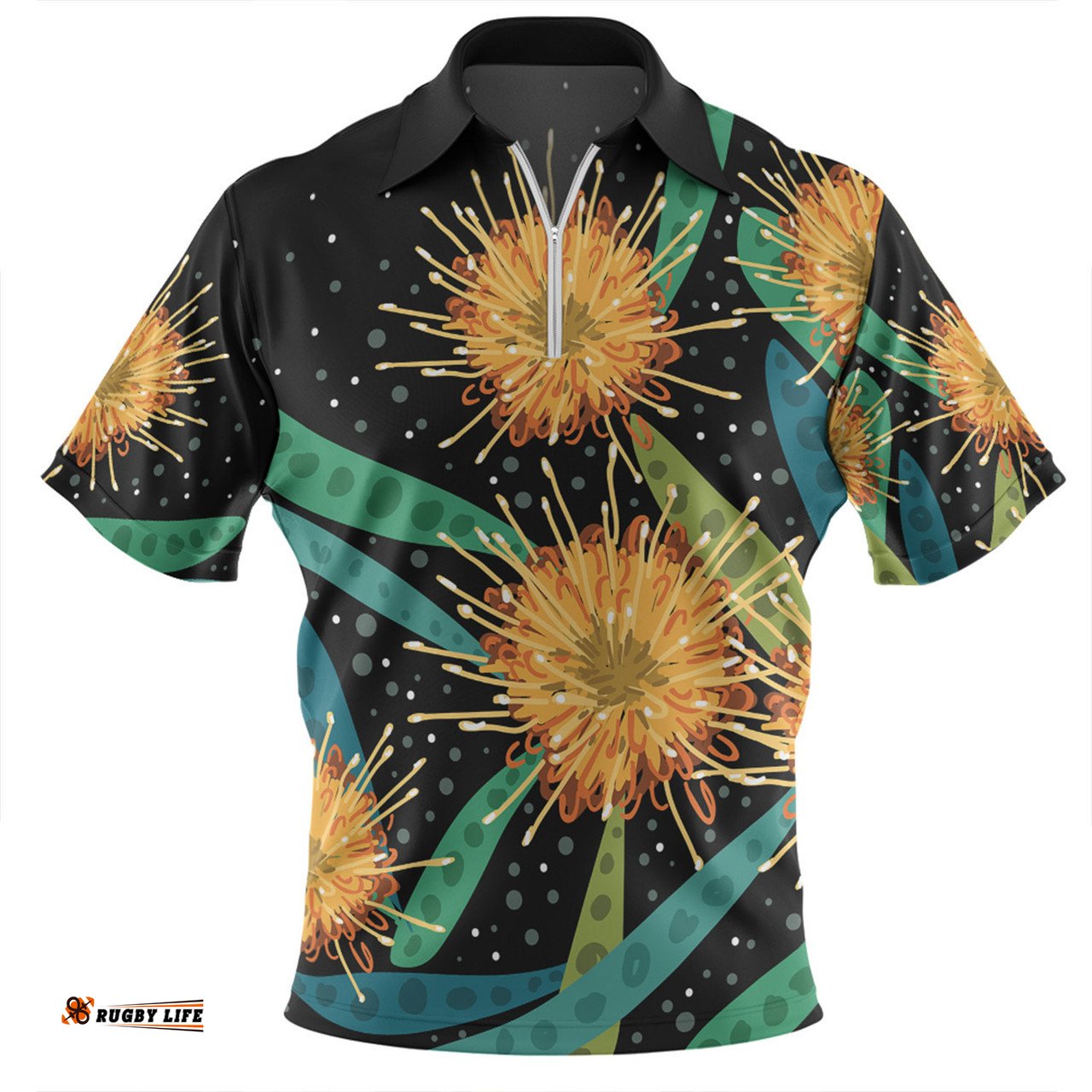 Australia Flowers Aboriginal Australian Yellow Hakea Flower Art Zip Polo Shirt